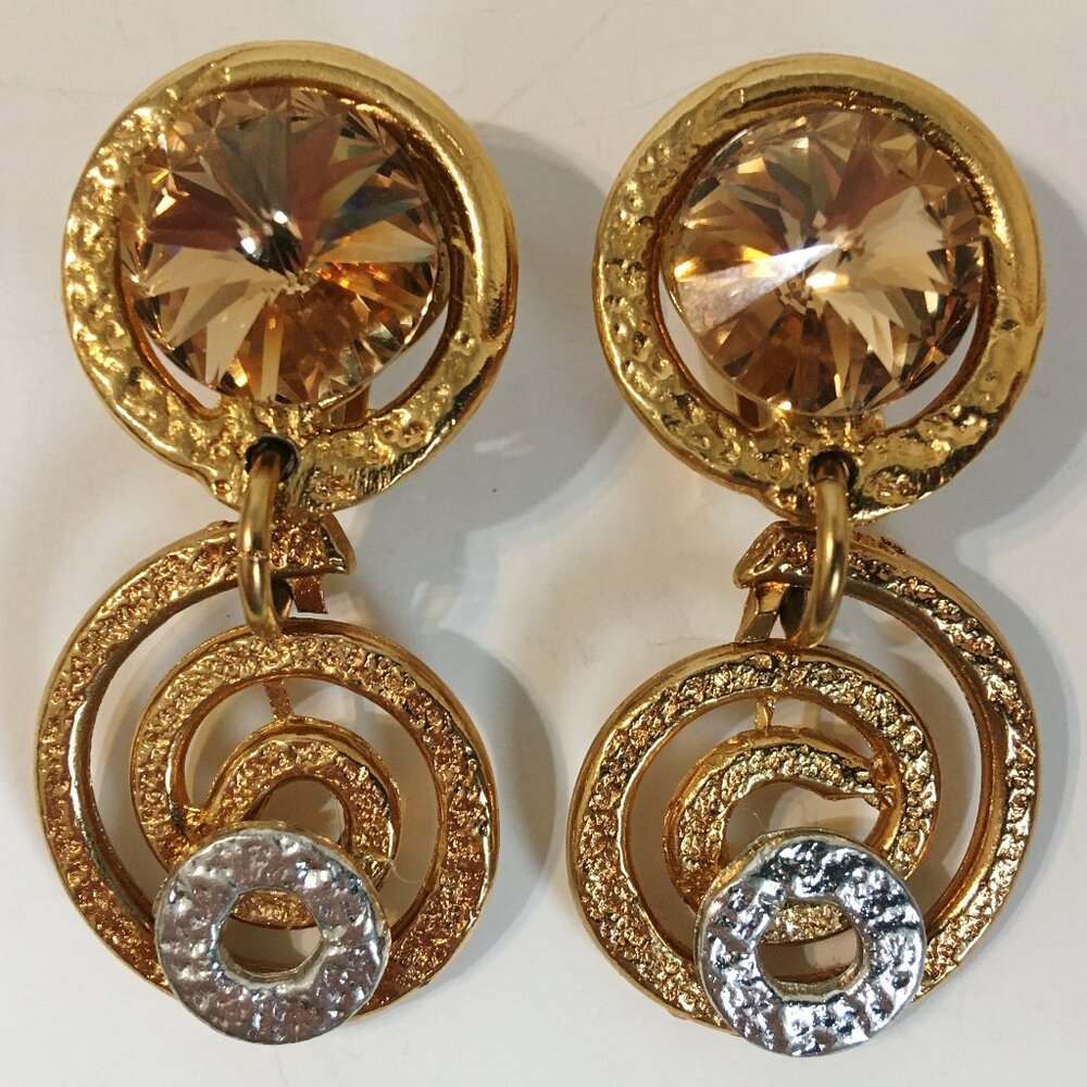 Amber Handmade Earrings Crystal Swirl Gold Silver Unique Signed Clip-On Gift New